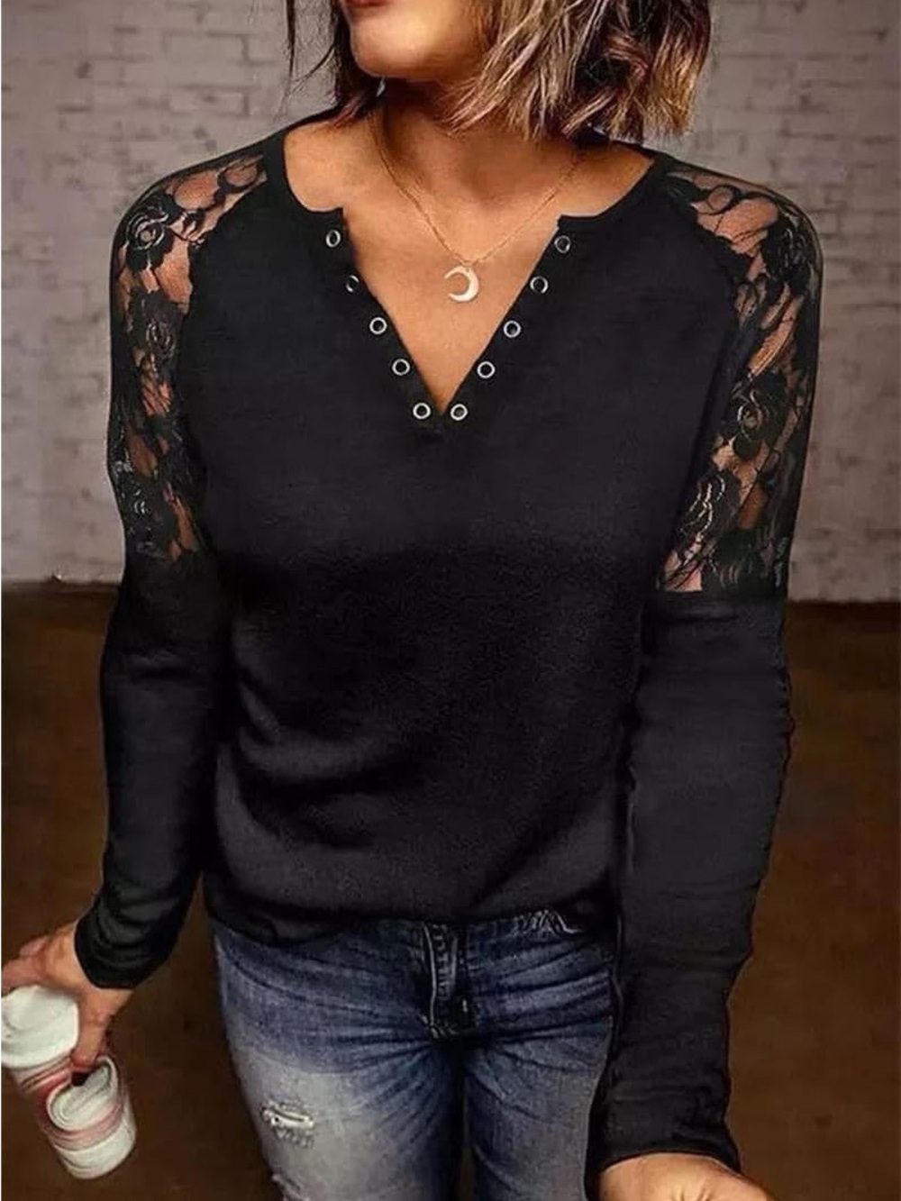 Lace Shoulder Black Women's Long Sleeve Top